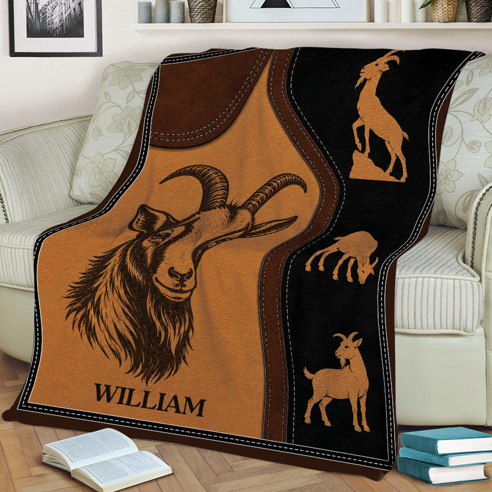 Rustic goat blanket draped over a couch with detailed farm animal artwork