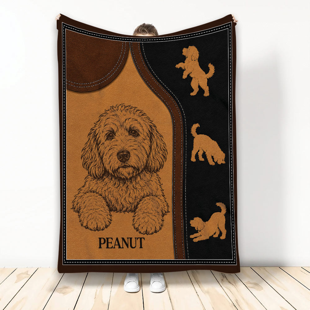 Labradoodle throw blanket with a curly dog illustration in a rustic brown and black design