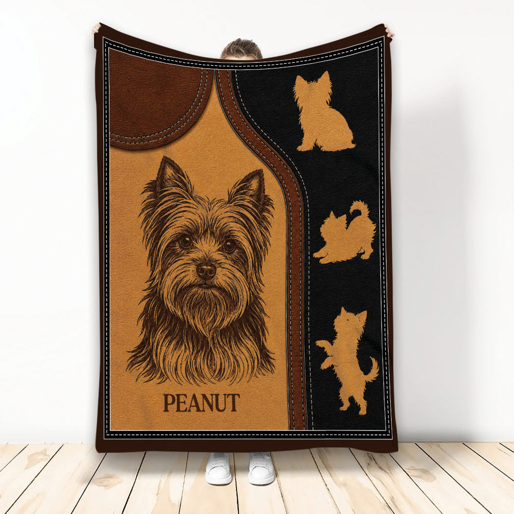 Yorkie throw blanket featuring a detailed Yorkshire Terrier illustration and smaller dog silhouettes in brown and black