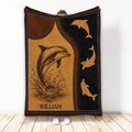 Dolphin throw blanket featuring a leaping dolphin, ocean artwork, and a rustic brown and black design