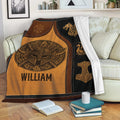 Viking throw blanket draped over a sofa with Norse helmet, dragon, longship, and knotwork design