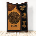 Viking blanket with Norse warrior helmet, dragons, longship, hammer, and brown and black Nordic artwork