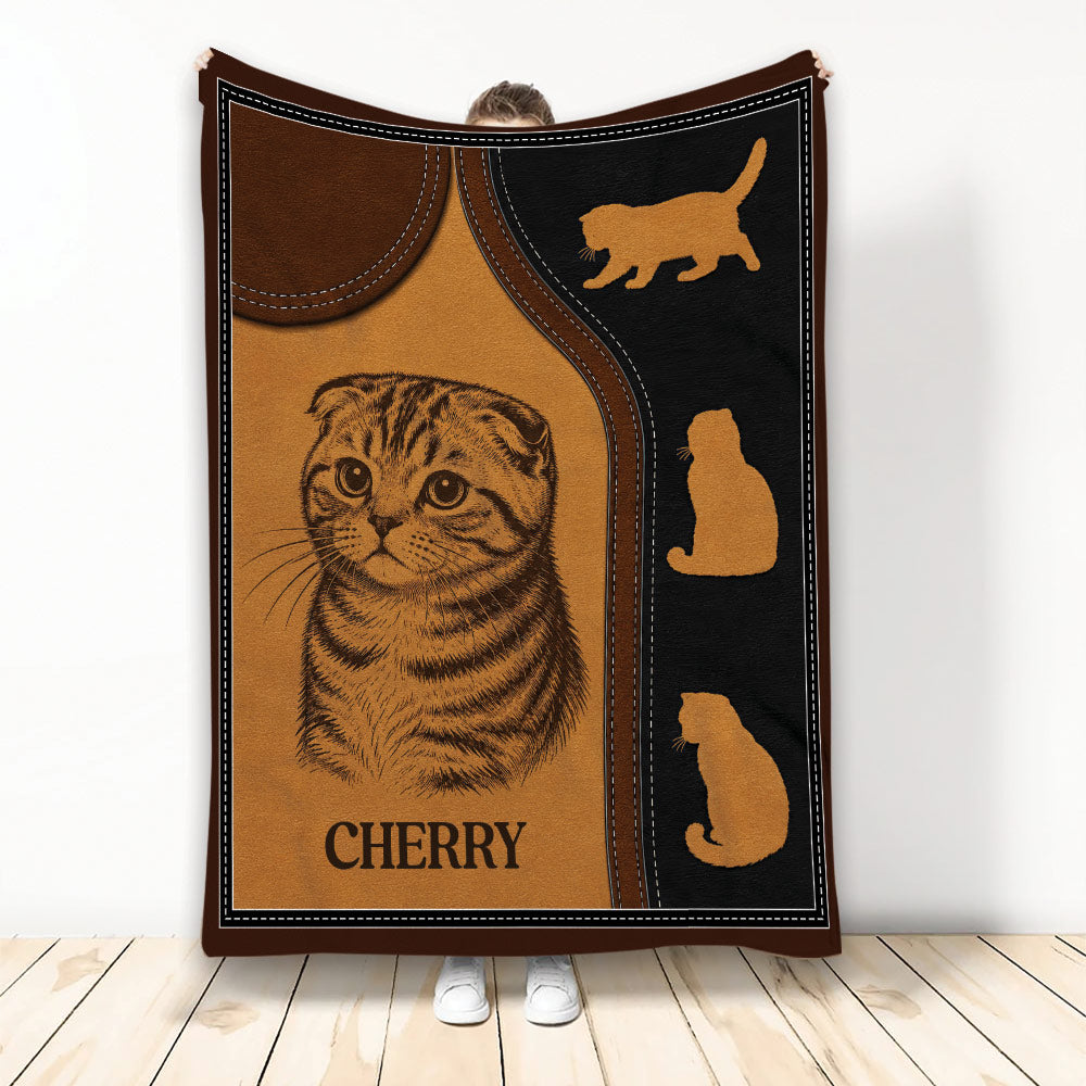 Scottish Fold cat blanket with vintage brown and black leather-inspired artwork