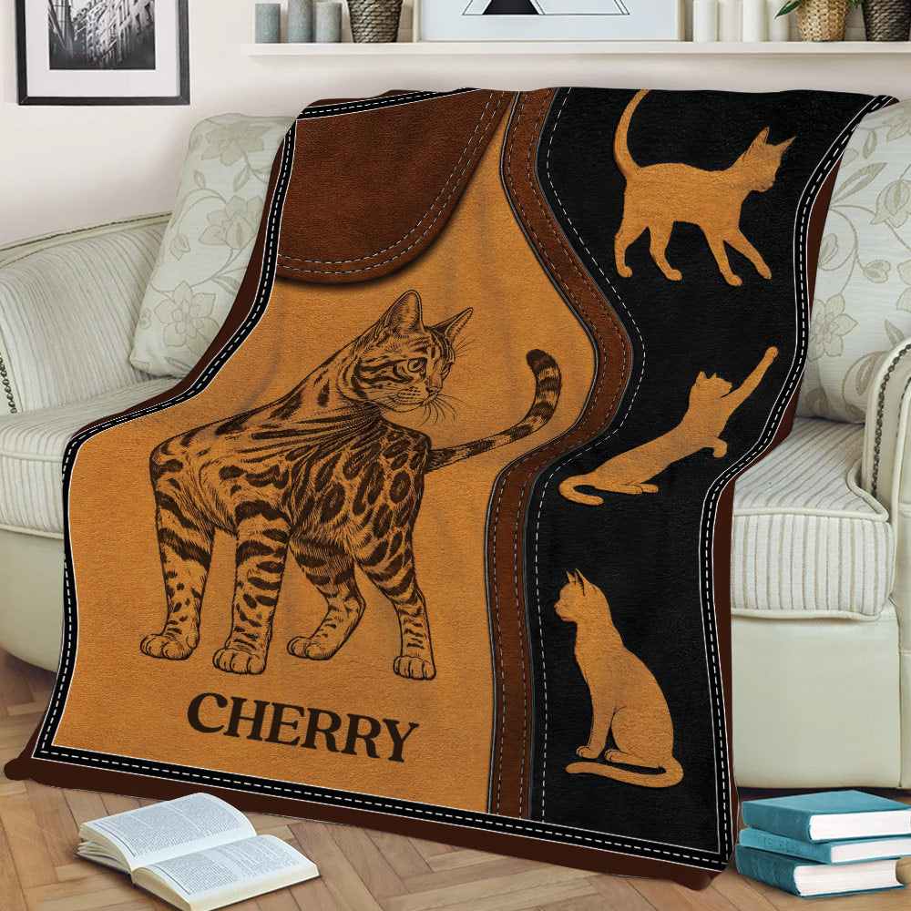 Bengal Cat Throw Blanket displayed across a couch with matching cat silhouettes