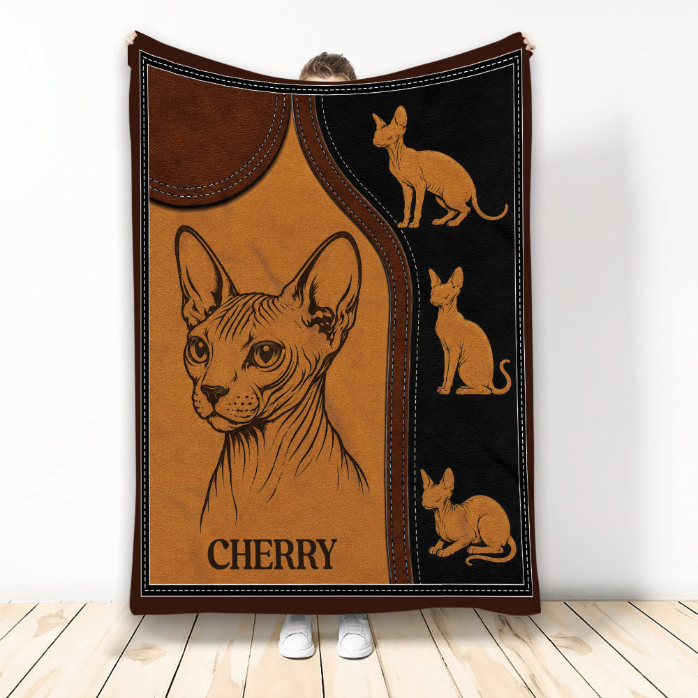 Sphynx cat blanket with warm amber and black artwork, central hairless cat illustration, and smaller cat figures