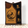 Surfing throw blanket with vintage surfer silhouettes, ocean waves, and warm brown and black artwork