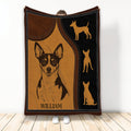 Rat Terrier throw blanket featuring a detailed dog illustration, warm brown leather-look panels, and dog silhouettes