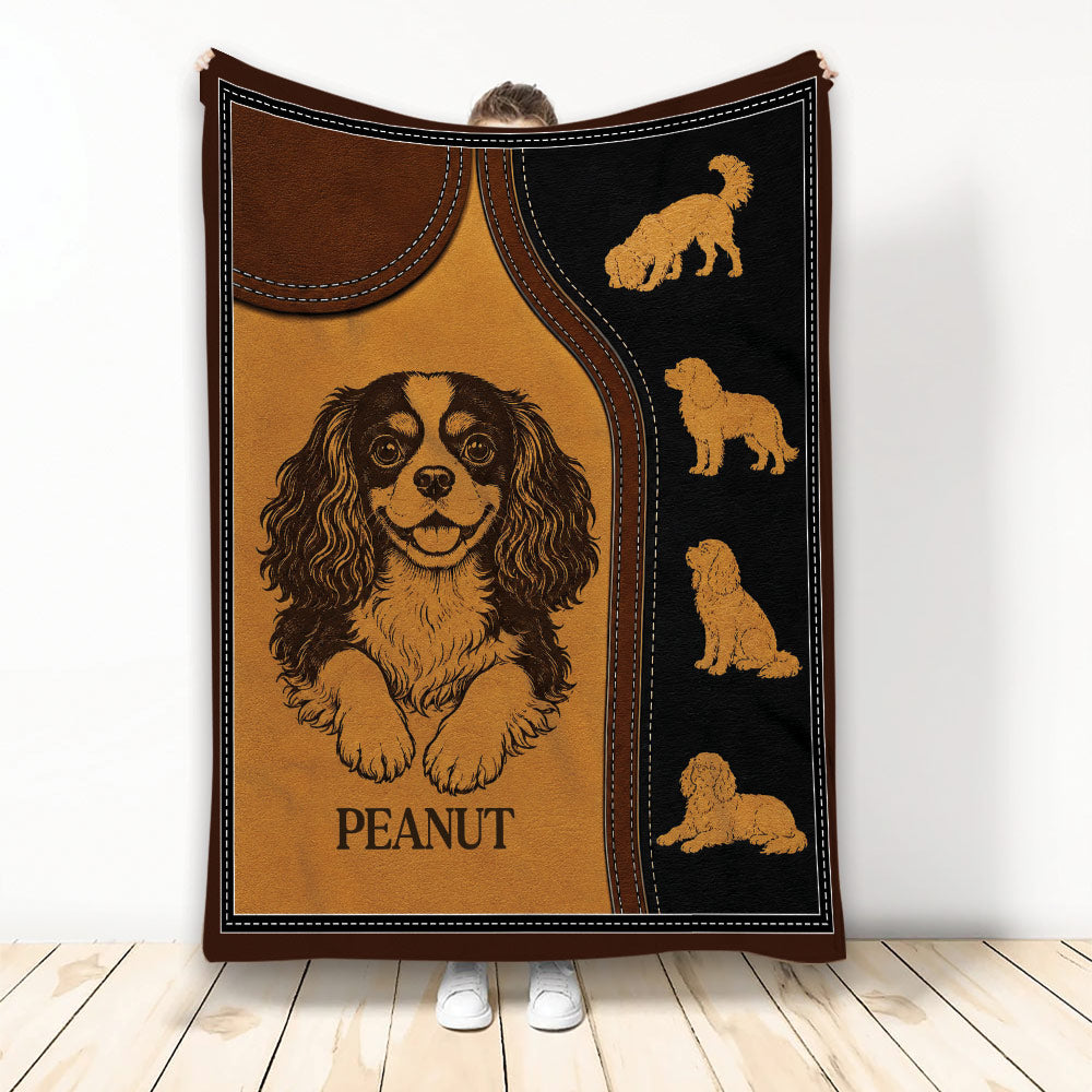 Cavalier King Charles dog blanket with vintage brown and black artwork and multiple dog silhouettes