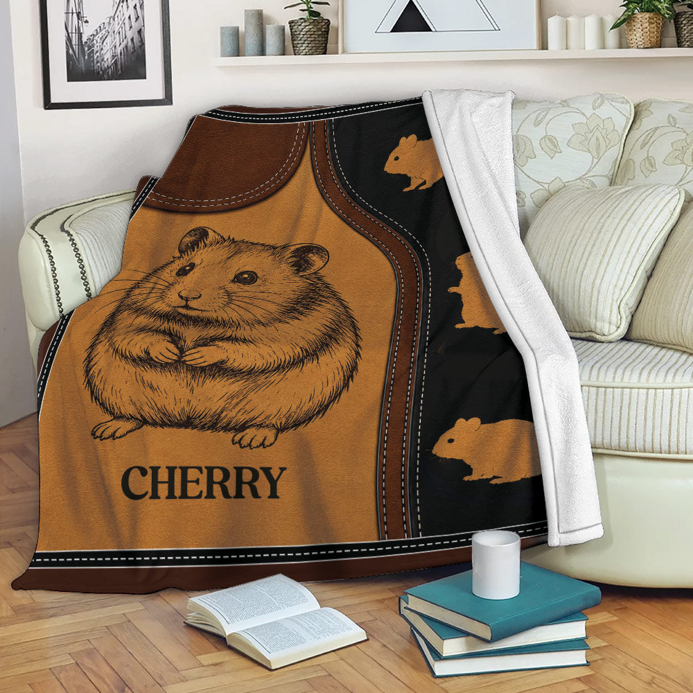 Hamster throw blanket draped over a sofa with cozy vintage artwork and small pet silhouettes