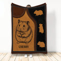 Hamster throw blanket displayed upright with vintage brown leather-look artwork and repeating hamster silhouettes
