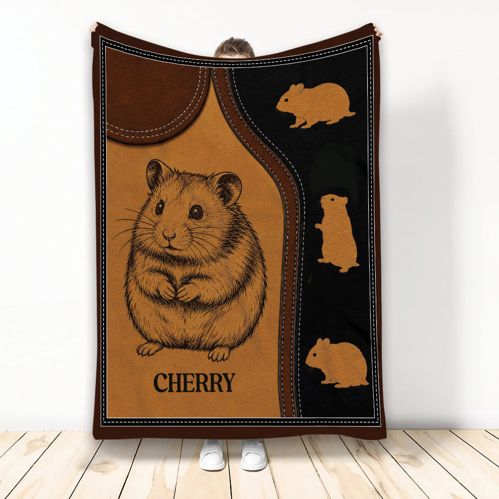 Hamster throw blanket displayed upright with vintage brown leather-look artwork and repeating hamster silhouettes