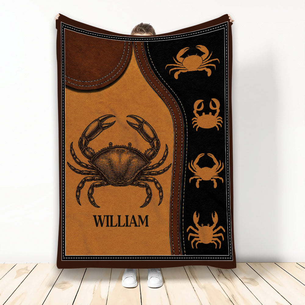 Crab throw blanket displayed upright with vintage brown and black coastal artwork