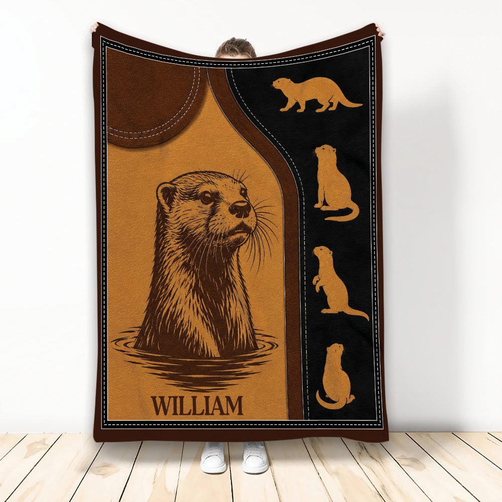 Custom otter blanket with a detailed swimming otter illustration in warm brown and black artwork