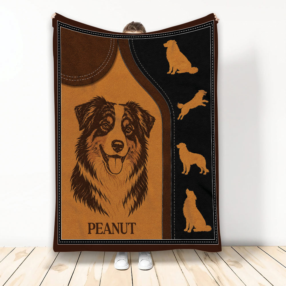 Australian Shepherd throw blanket with rustic brown and black dog artwork and running silhouettes