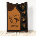 Hairstylist blanket with scissors, comb, blow dryer, brushes, and warm brown salon-inspired artwork