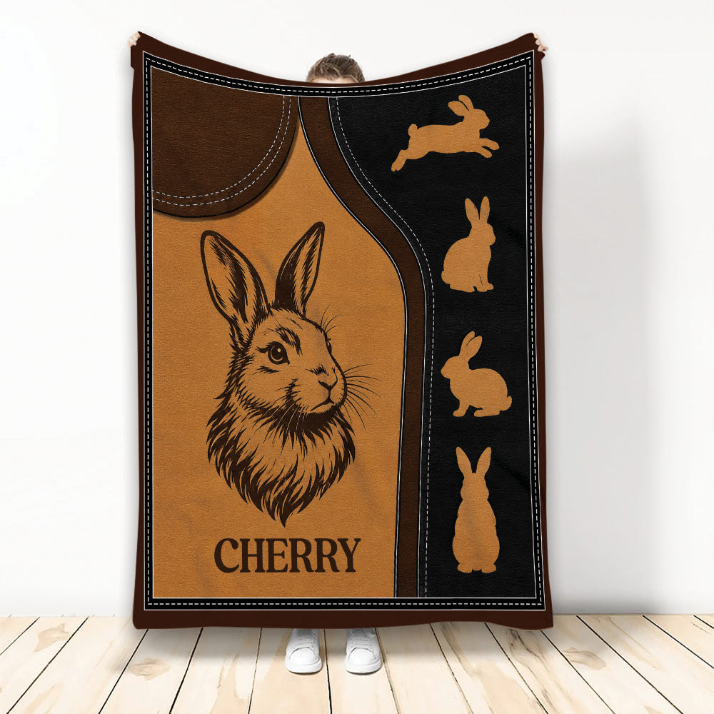 Rabbit throw blanket featuring rustic brown and black artwork with a detailed bunny illustration and silhouettes