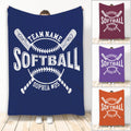 Navy softball throw blanket displayed with crossed bats, softball artwork, and bold white sports typography