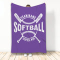 Purple softball throw blanket displayed vertically with crossed bats and bold athletic-style design
