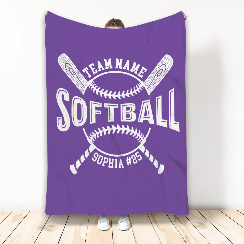 Purple softball throw blanket displayed vertically with crossed bats and bold athletic-style design