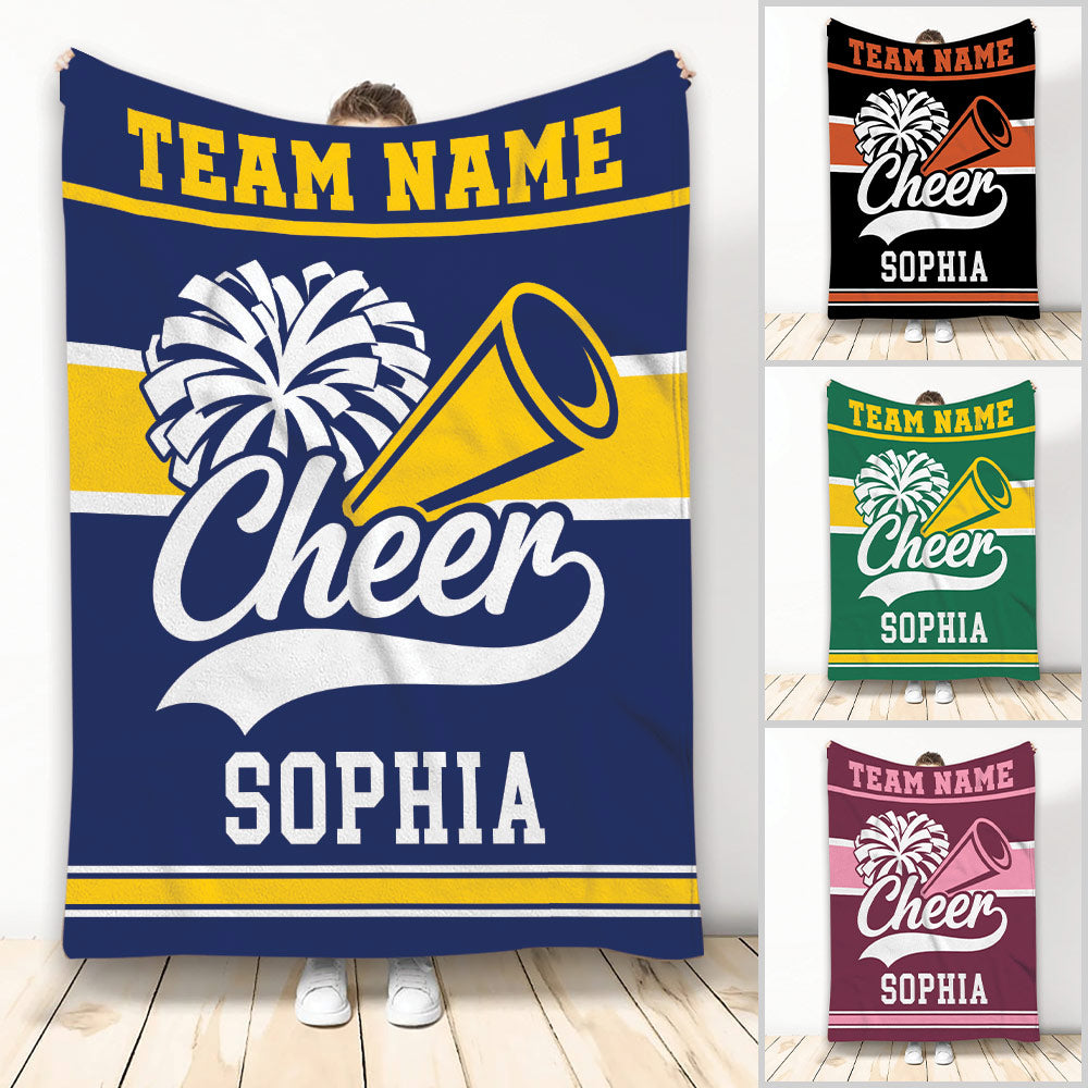 Cheerleading throw blanket with pom-poms, megaphone artwork, bold team colors, and spirit-inspired design