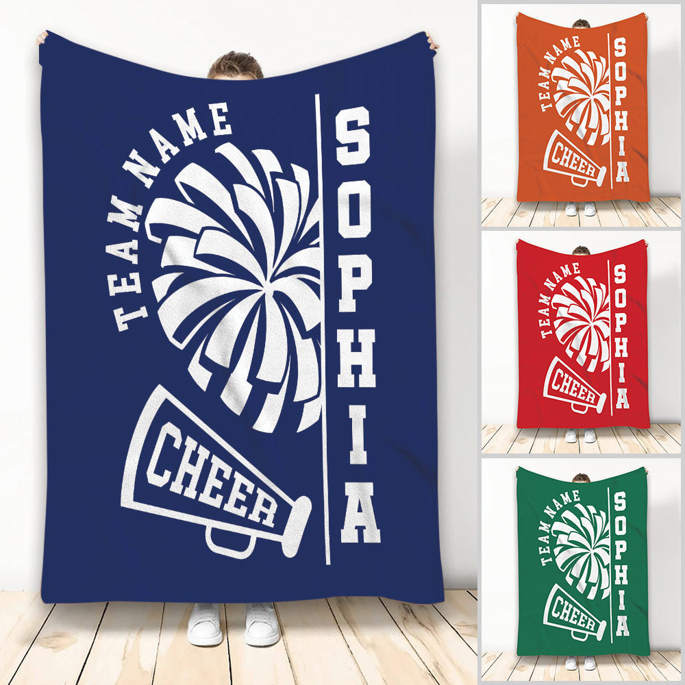 Cheerleading throw blanket with pom-pom and megaphone artwork shown in multiple team colors