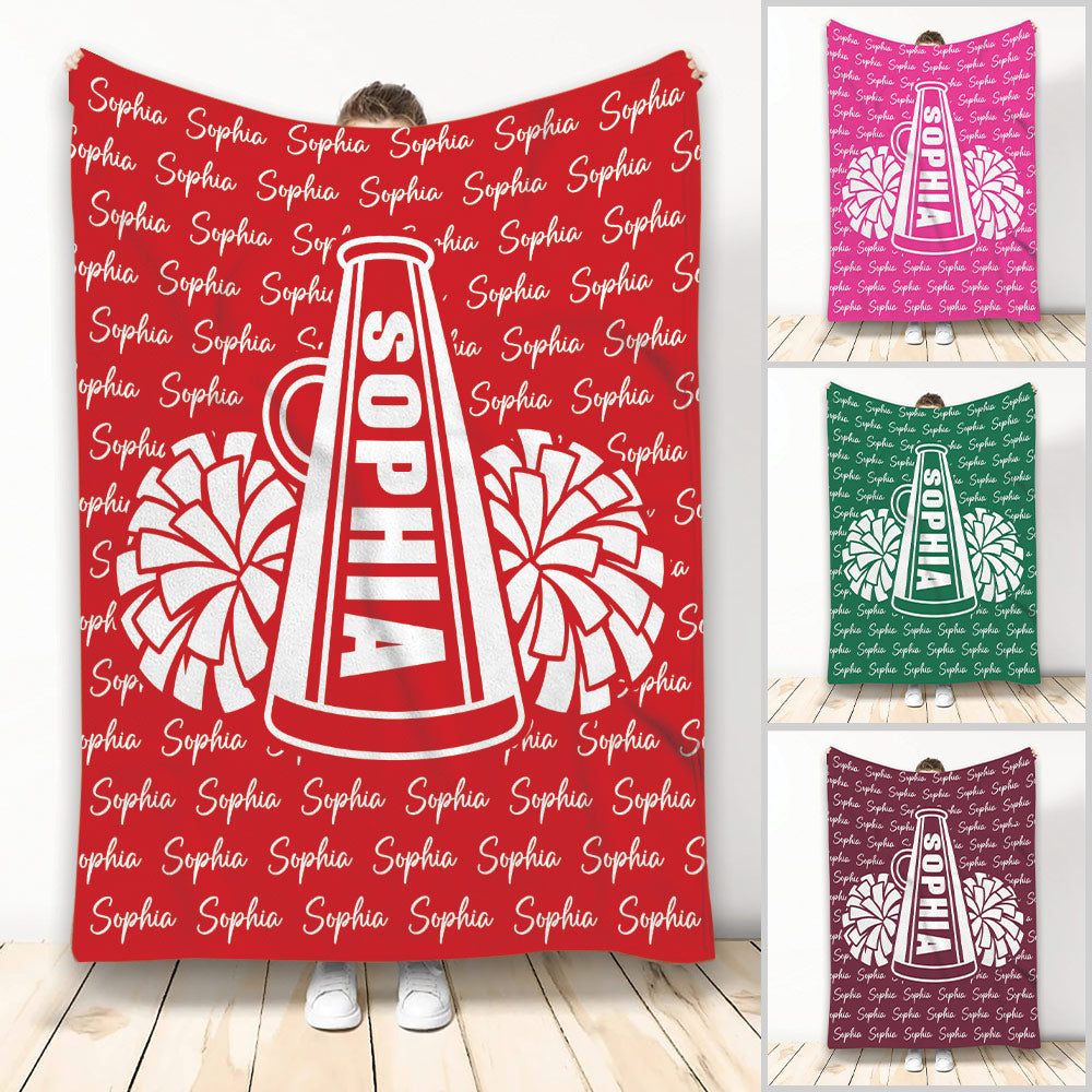 Cheerleading blanket with a large megaphone, pom-poms, and bold red sports design