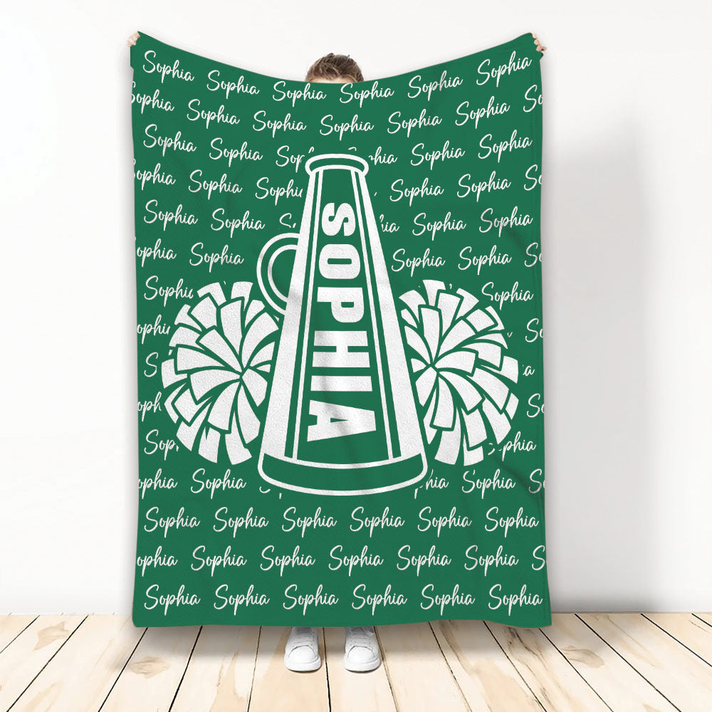 Green cheerleading blanket featuring a white megaphone and matching pom-poms