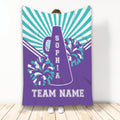 Purple and teal cheerleading blanket featuring a megaphone, pom poms, and bold radiating stripes