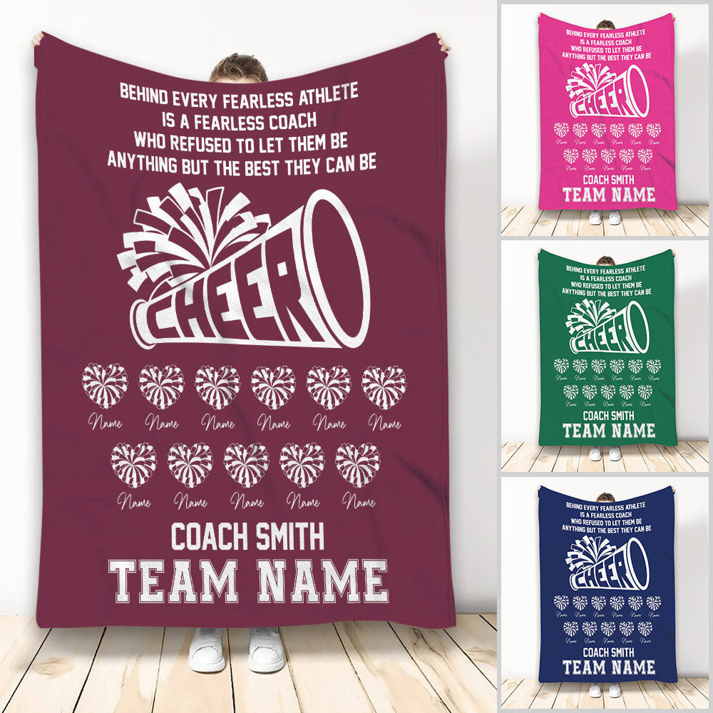 Cheerleading throw blanket with megaphone artwork, pom-pom icons, coach message, and team-themed design