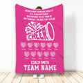 Pink cheerleading blanket featuring a bold megaphone graphic, pom-poms, and coach team artwork
