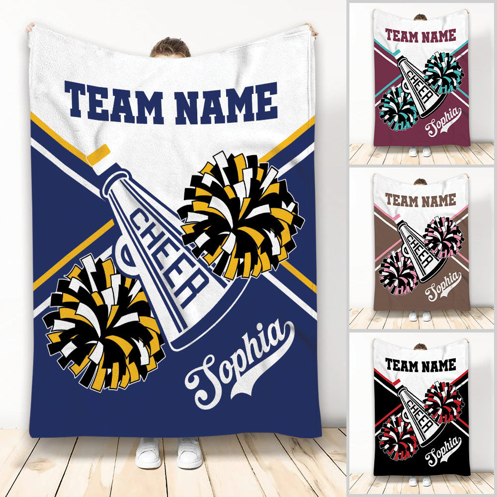 Cheerleading throw blanket with pom poms, megaphone artwork, team colors, and custom design details