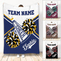 Cheerleading throw blanket with pom poms, megaphone artwork, team colors, and custom design details