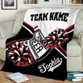 Black and red cheerleading throw blanket displayed on a sofa with pom pom artwork