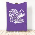 Purple cheerleading throw blanket featuring bold white pom-pom and megaphone artwork