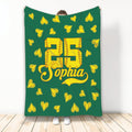 Green softball throw blanket featuring yellow stitched hearts and a large jersey-style sports design