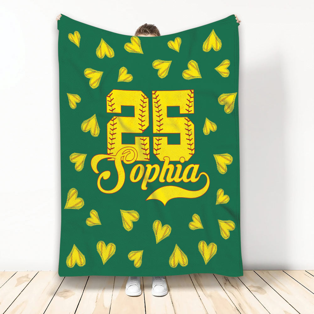 Green softball throw blanket featuring yellow stitched hearts and a large jersey-style sports design