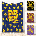 Custom softball throw blanket with yellow softball hearts and bold navy sports artwork