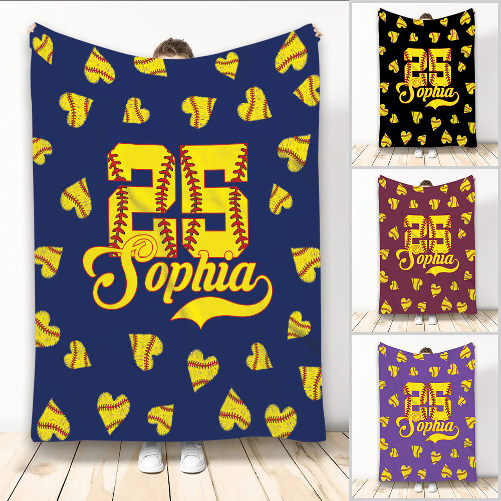 Custom softball throw blanket with yellow softball hearts and bold navy sports artwork