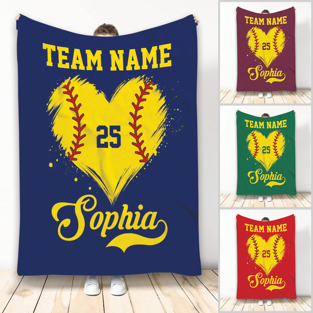 Softball throw blanket featuring a yellow softball heart, bold team artwork, and colorful background options