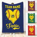 Softball throw blanket featuring a yellow softball heart, bold team artwork, and colorful background options