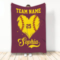 Maroon softball blanket featuring a yellow softball heart design and bold sports artwork