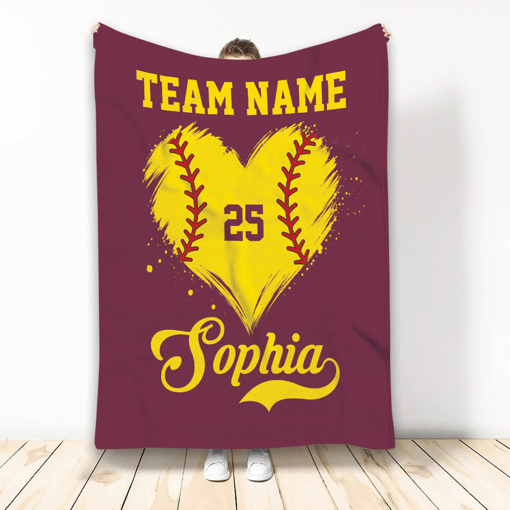 Maroon softball blanket featuring a yellow softball heart design and bold sports artwork