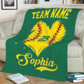 Green softball throw blanket draped over a sofa with a bright yellow softball heart graphic