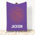 Purple basketball blanket displayed upright with a large dotted orange basketball design
