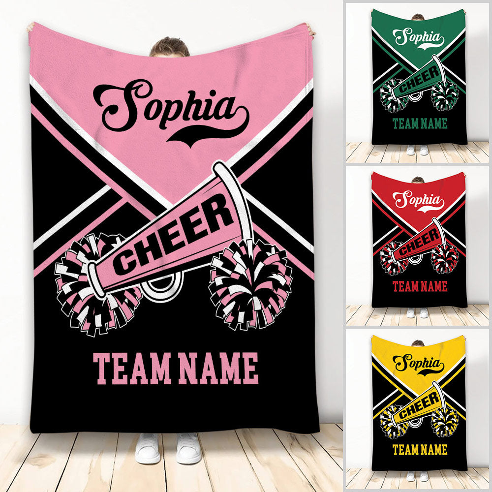 Cheerleading blanket with colorful pom-poms, megaphone artwork, and bold team spirit design