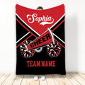 Red and black cheerleading blanket with pom-poms, megaphone graphic, and team design