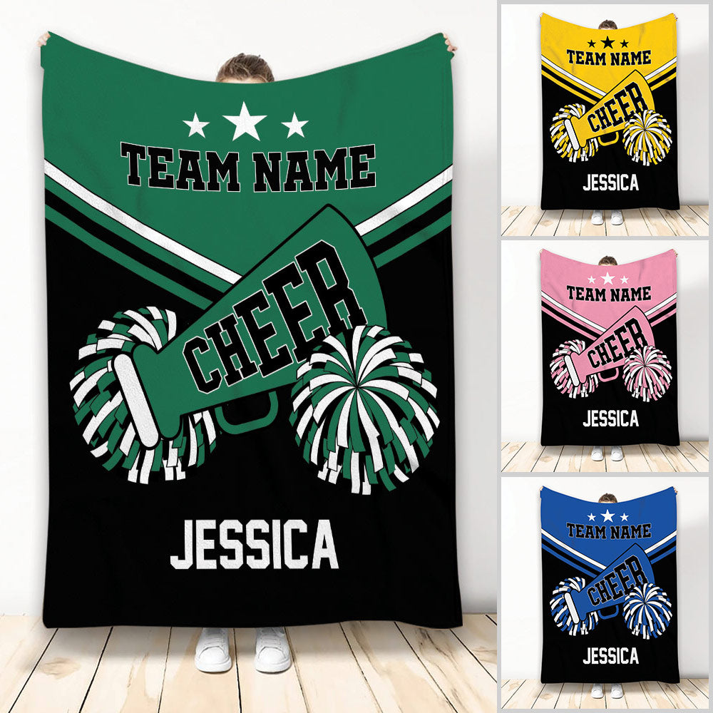 Custom cheerleading blanket with pom-poms, megaphone, stars, and bold green, black, and white team artwork