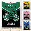 Custom cheerleading blanket with pom-poms, megaphone, stars, and bold green, black, and white team artwork
