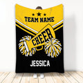Yellow and black cheerleading blanket featuring a megaphone, pom-poms, stars, and bold team graphics