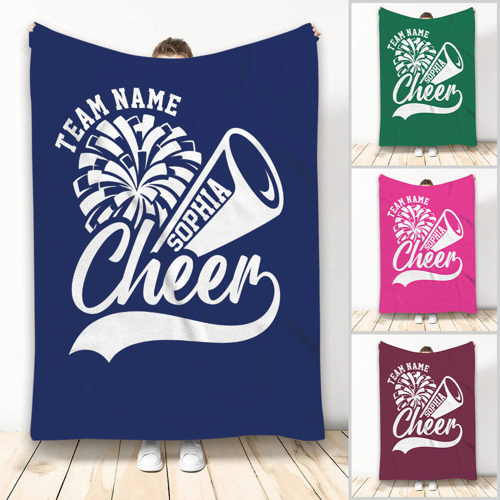 Cheerleading throw blanket with pom-poms, megaphone artwork, and a bold navy and white design